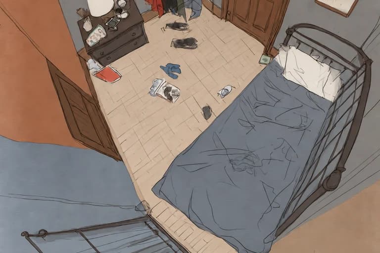 A small bedroom seen from above, an iron bed made up and clothes across the floor