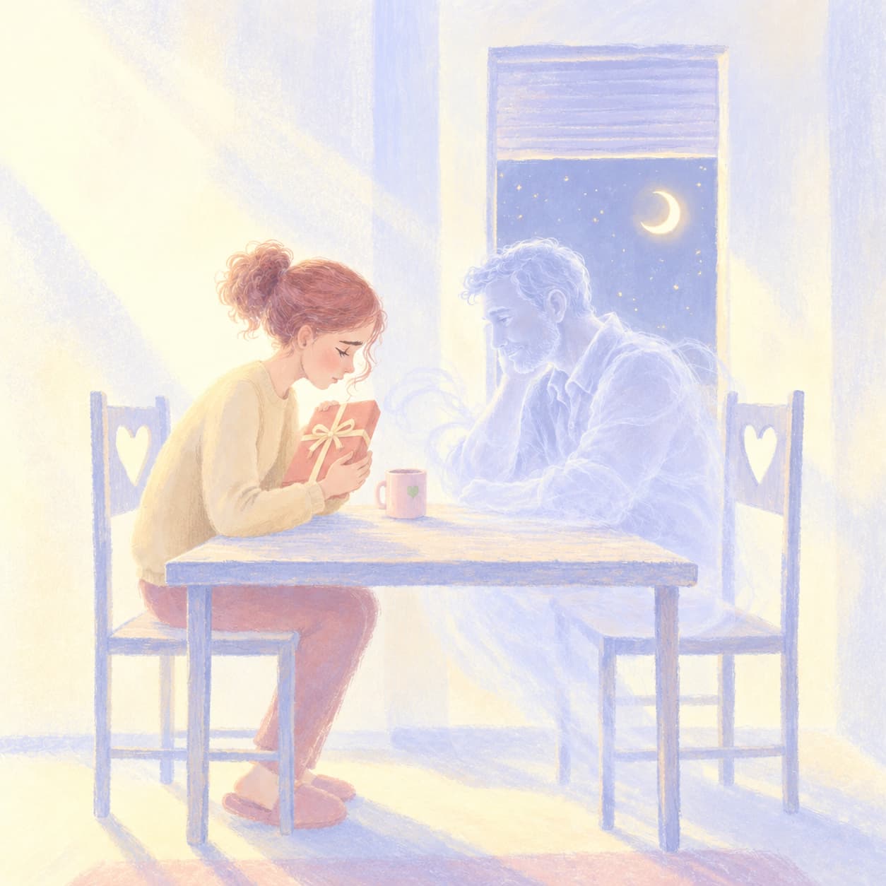A young woman at a kitchen table holding a wrapped gift, her father sitting opposite her as a figure of light