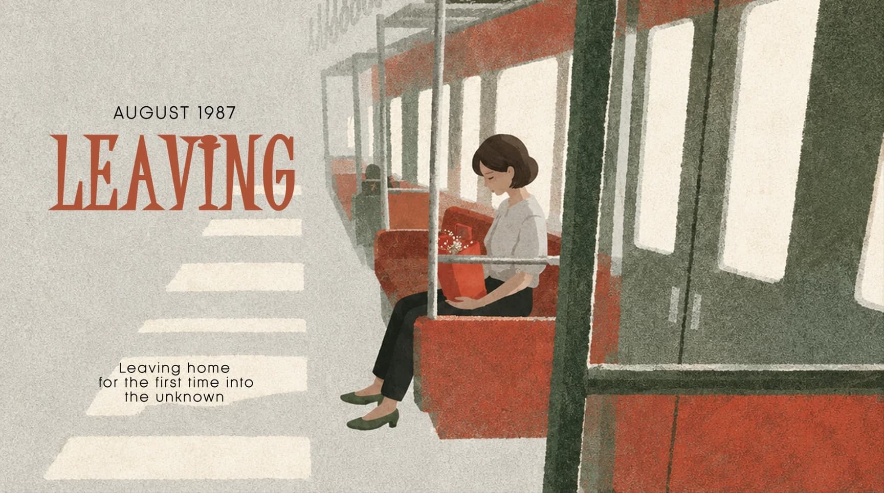 A woman sitting alone on a train, a red bag on her lap, leaving home in August 1987