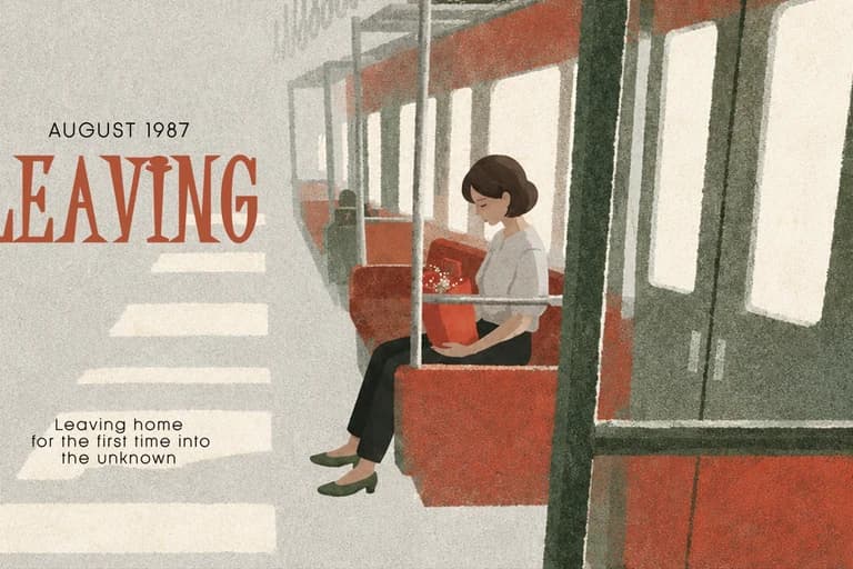 A woman sitting alone on a train, a red bag on her lap, leaving home in August 1987