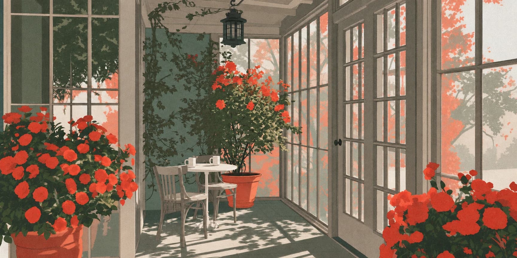 A sunlit porch with a table and chairs, geraniums in a terracotta pot and windows onto the garden