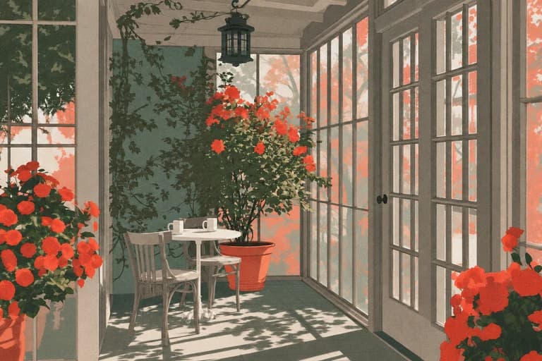 A sunlit porch with a table and chairs, geraniums in a terracotta pot and windows onto the garden